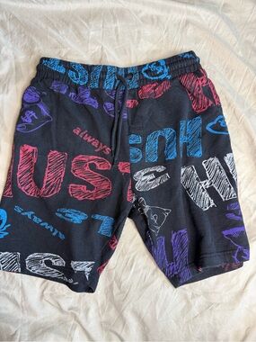 Seven Souls Black Graphic Drawstring Shorts with Multicolor Print Mens Medium